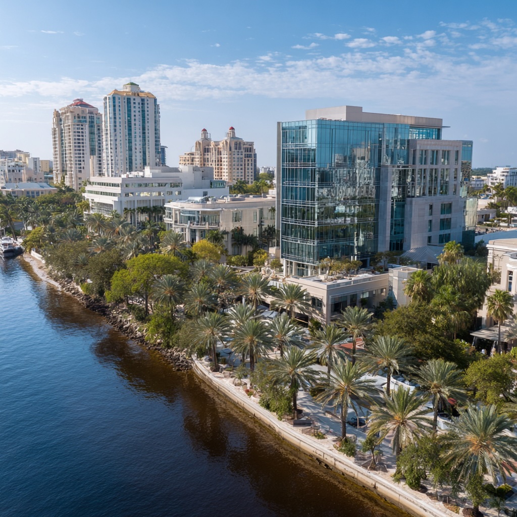 A beautiful, bright aerial shot of a Florida coastline (Miami or Tampa) with a modern, glass-fronted medical building superimposed subtly in the foreground. Palm trees and blue skies.
