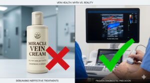 A split-screen image. On one side, a generic "Miracle Vein Cream" bottle with a red "X" over it. On the other side, a professional medical ultrasound showing the internal vein structure with a green checkmark.