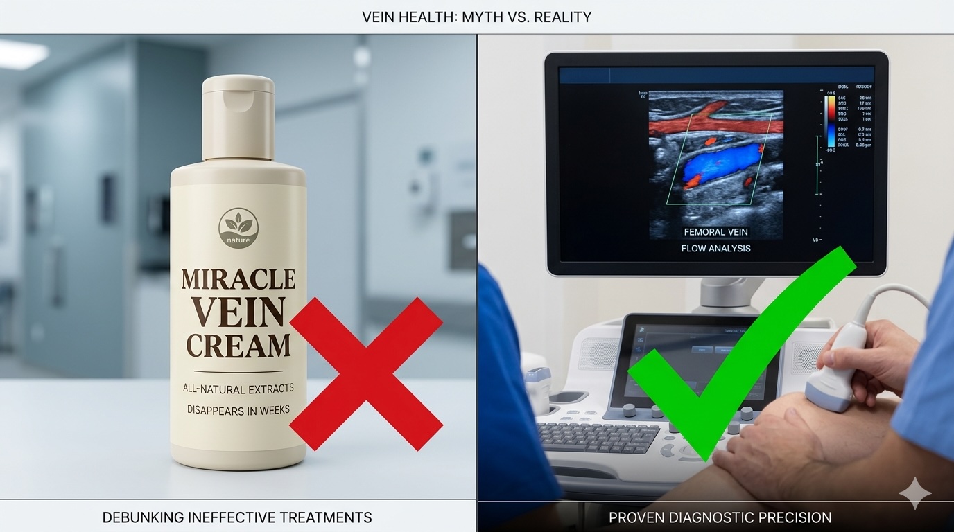 A split-screen image. On one side, a generic "Miracle Vein Cream" bottle with a red "X" over it. On the other side, a professional medical ultrasound showing the internal vein structure with a green checkmark.