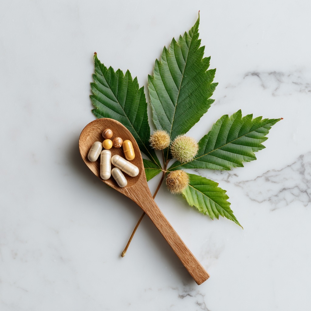 A clean, scientific photo of a wooden spoon holding herbal supplements next to a fresh horse chestnut leaf. The background is a white, medical-style marble surface.