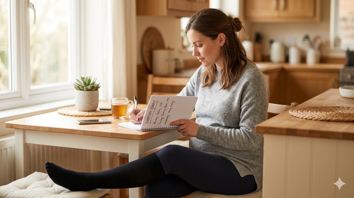 A warm, softly lit photograph of an expectant mother or a senior patient sitting at a kitchen table. They are wearing compression stockings on one leg, which is resting slightly. Their hand is writing in a spiral notebook labeled "Symptom Diary," with visible entries like "Aching" and "Swelling."