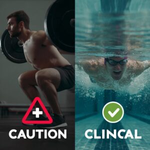 A split-screen image. On the left, a person doing heavy squats with a red "caution" icon. On the right, a person swimming in a clear pool with a green "check" icon. Clinical and educational style.