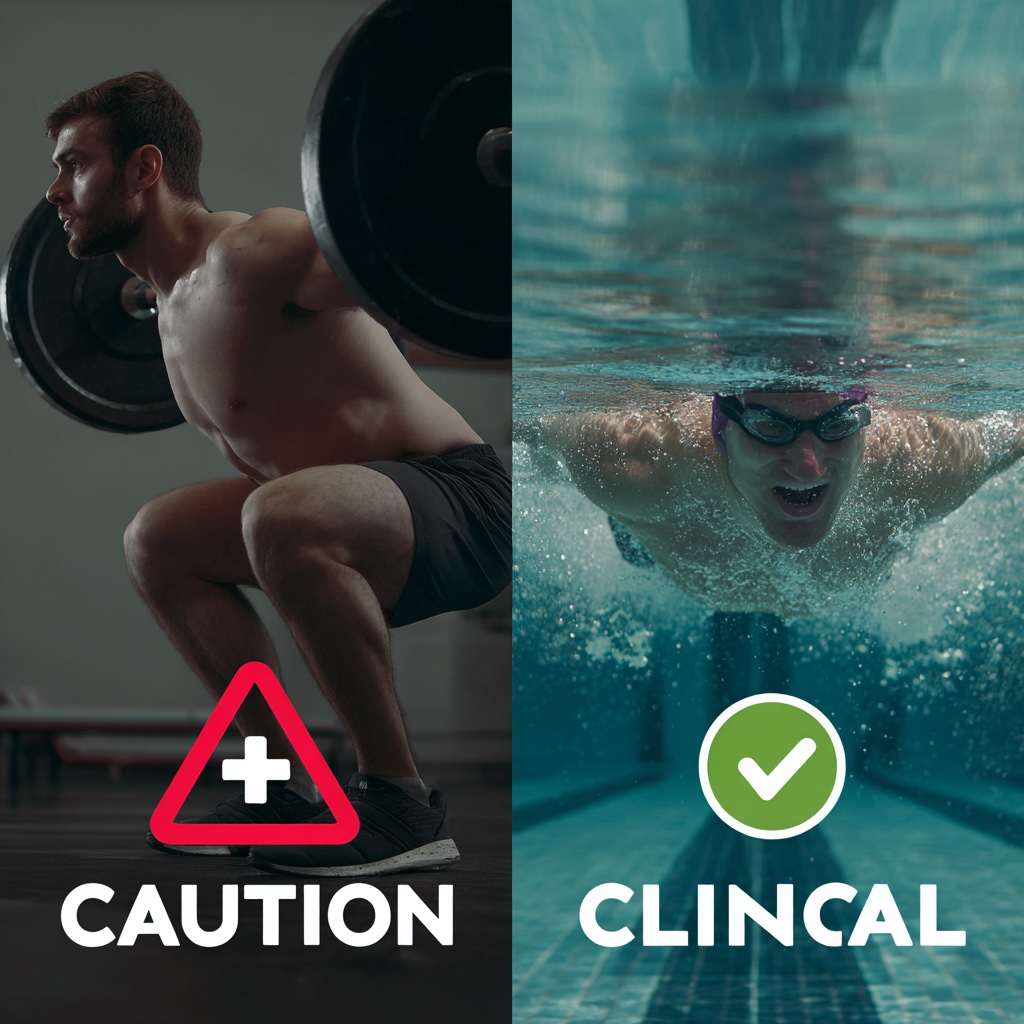 A split-screen image. On the left, a person doing heavy squats with a red "caution" icon. On the right, a person swimming in a clear pool with a green "check" icon. Clinical and educational style.