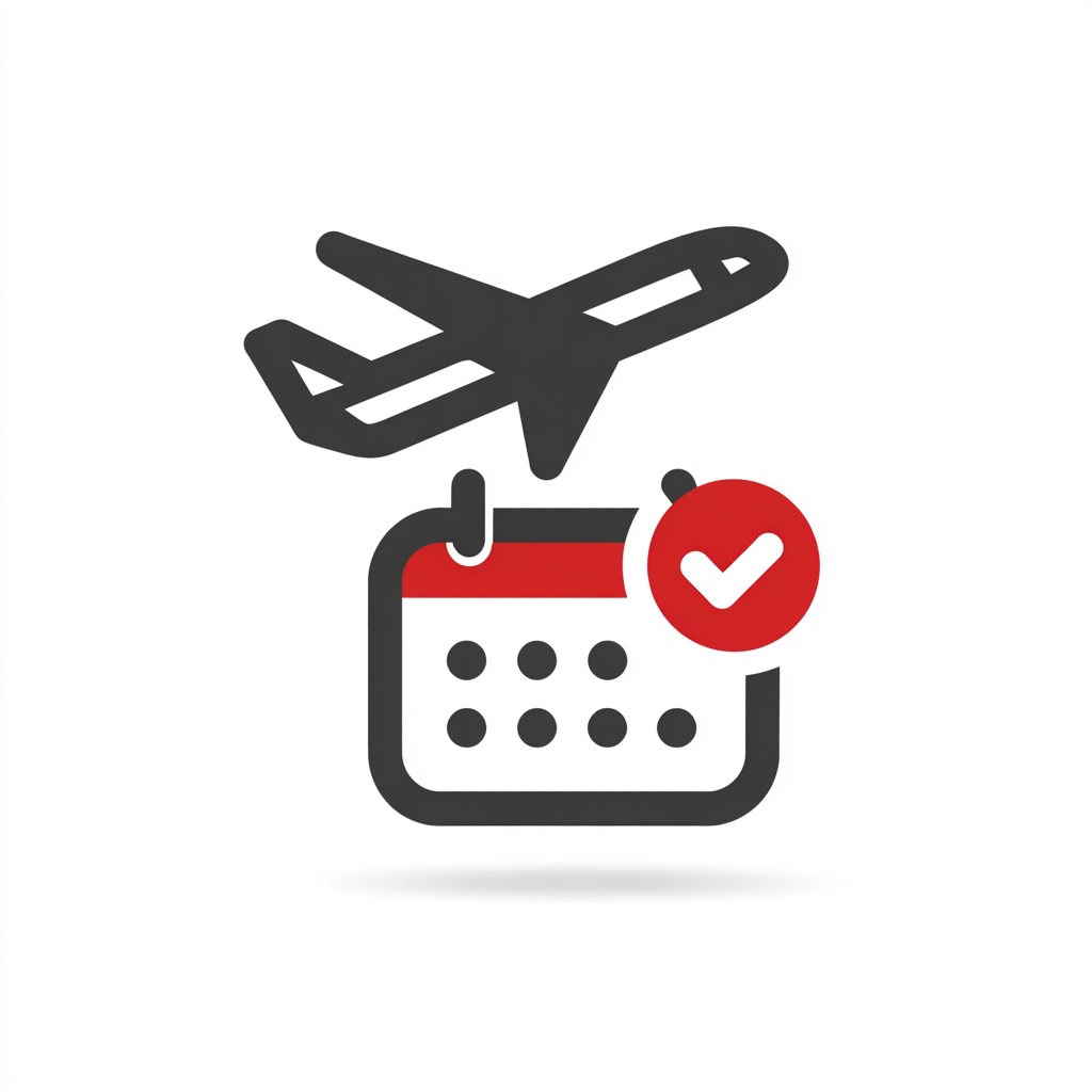 A clean, minimalist graphic of an airplane icon and a medical "check-mark" icon over a calendar.