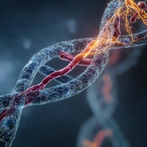 A high-tech medical illustration showing a DNA strand morphing into a healthy vein on one side and a varicose vein on the other.