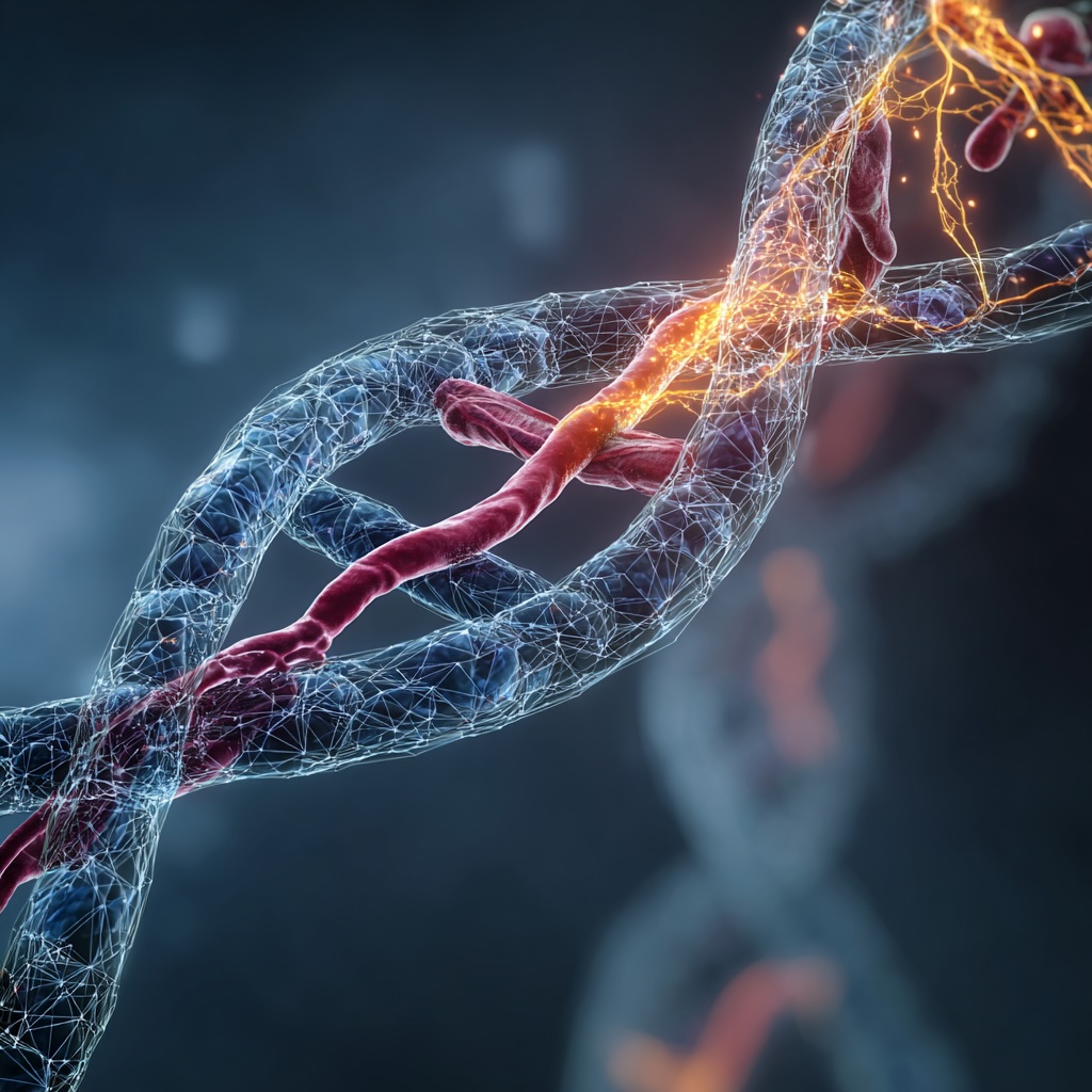 A high-tech medical illustration showing a DNA strand morphing into a healthy vein on one side and a varicose vein on the other.