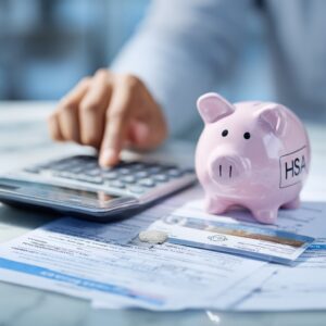 A clean, professional close-up of a person’s hands using a calculator next to a medical bill and a health insurance ID card. A small piggy bank with "HSA" written on it is in the background. Bright, trustworthy lighting.
