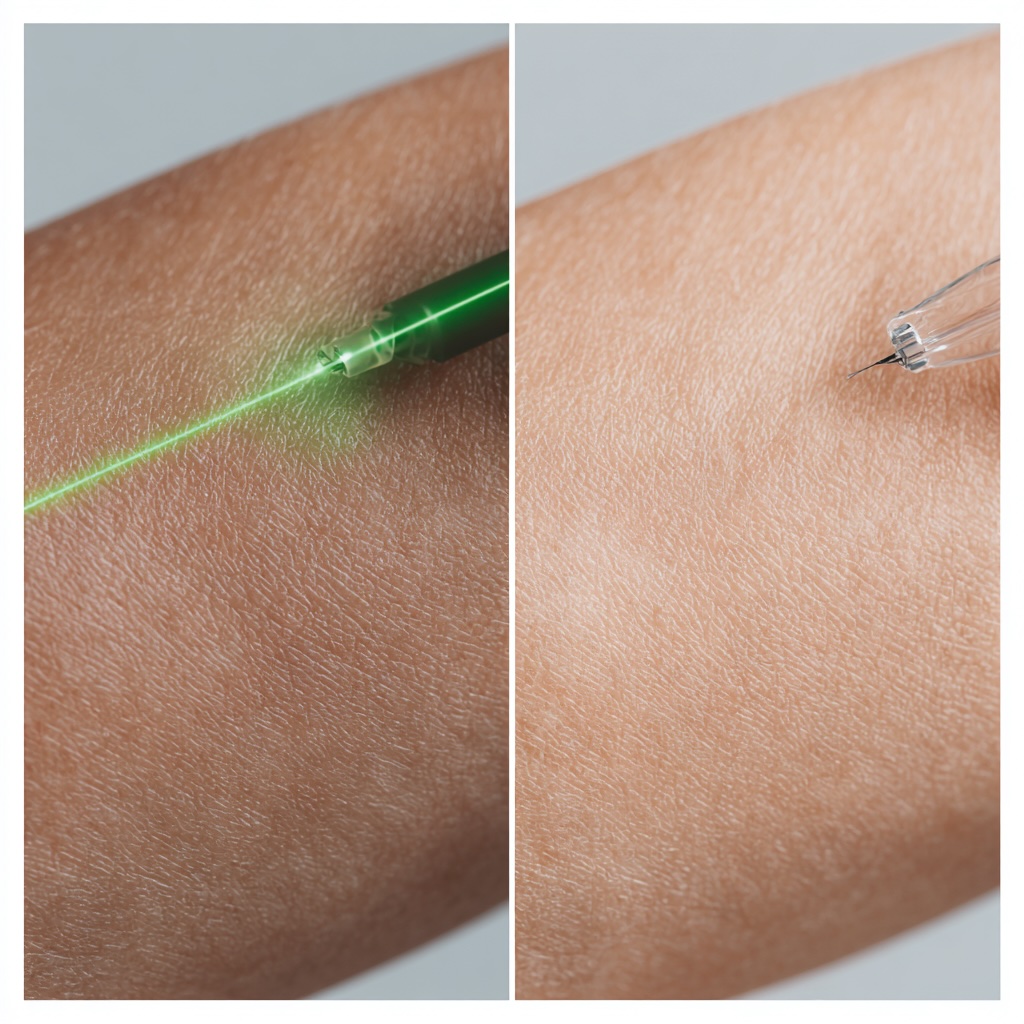 A clean, high-precision macro photograph of a person’s skin. The left side shows a precision green laser beam gently touching a small vein; the right side shows a micro-needle performing sclerotherapy. Crisp, modern, and detailed.