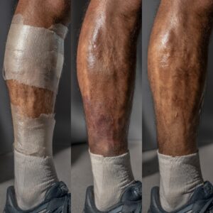 A realistic, high-resolution photo of a leg at different healing stages: Day 1 (bandage), Week 2 (fading bruise), and Month 3 (clear skin). Honest and clinical.