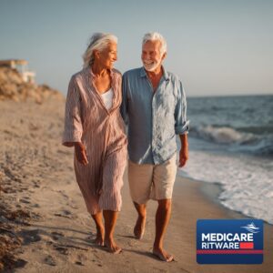 A realistic photo of an active senior couple walking together on a beach, looking healthy and happy. In the corner, a subtle, professional graphic of the Medicare "red, white, and blue" card is visible.