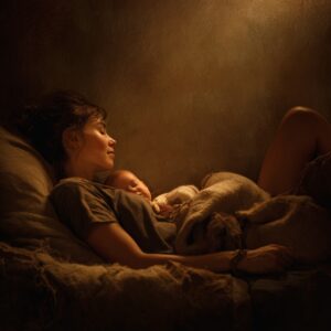 A peaceful image of a new mother resting with her baby, with her legs comfortably elevated on a pillow.