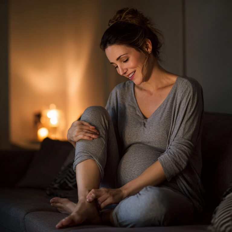 A warm, empathetic photo of an expectant mother sitting on a sofa, gently massaging her ankle. She is wearing comfortable maternity wear. The lighting is soft and natural.