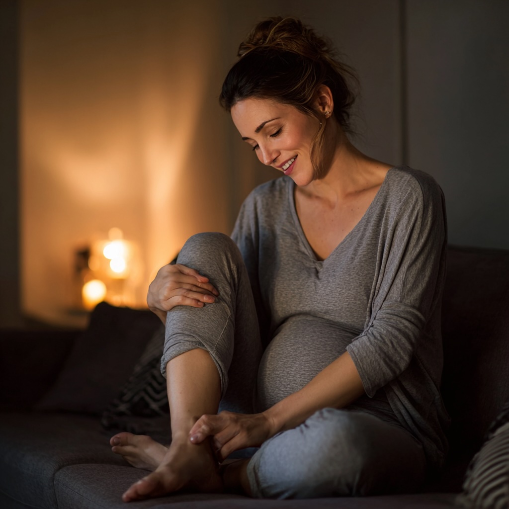 A warm, empathetic photo of an expectant mother sitting on a sofa, gently massaging her ankle. She is wearing comfortable maternity wear. The lighting is soft and natural.