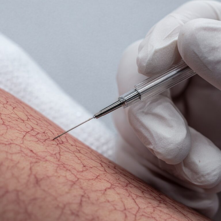 A macro close-up of a medical professional’s hand holding a tiny needle near a cluster of spider veins on a leg. High-precision, clinical, and clean