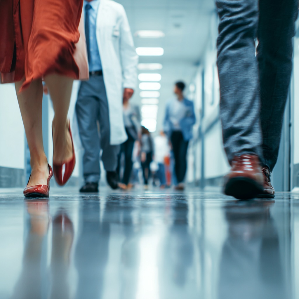 A busy hospital corridor or a retail shop floor where professionals are active. The focus is on their legs and supportive footwear. Clean, professional, and empathetic.