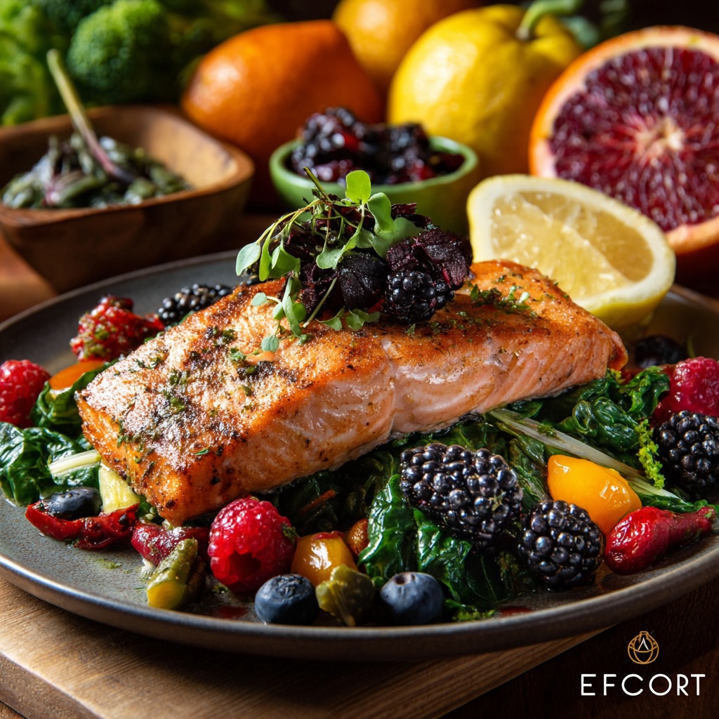 A vibrant, high-end "foodie" shot of a Mediterranean-style plate featuring salmon, dark leafy greens, citrus fruits, and colorful berries. Bright, natural lighting.