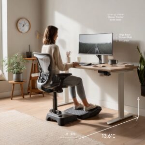 A modern home office setup with an ergonomic chair and a "standing desk converter." A person is seen from the side, with one foot on a small footstool.