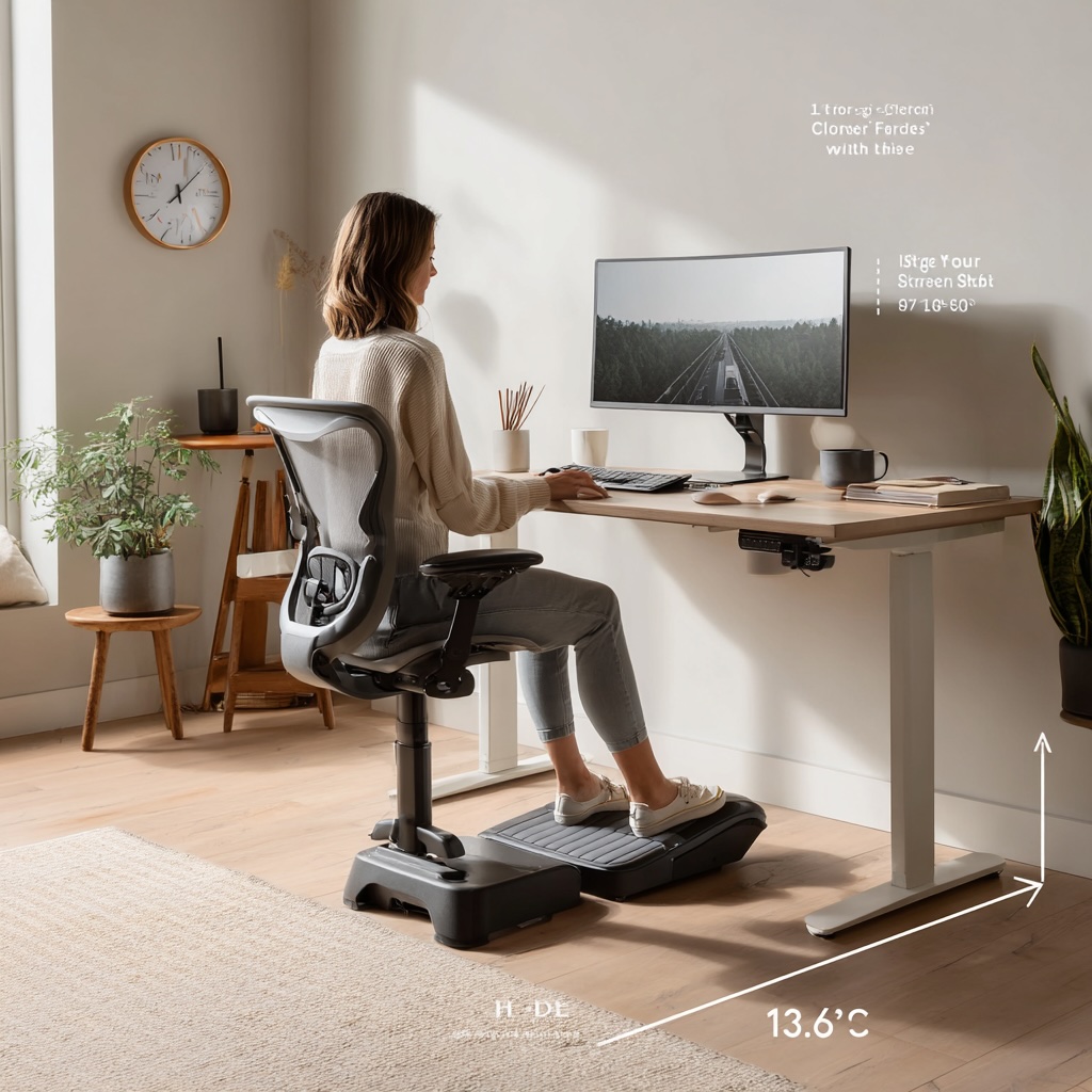 A modern home office setup with an ergonomic chair and a "standing desk converter." A person is seen from the side, with one foot on a small footstool.