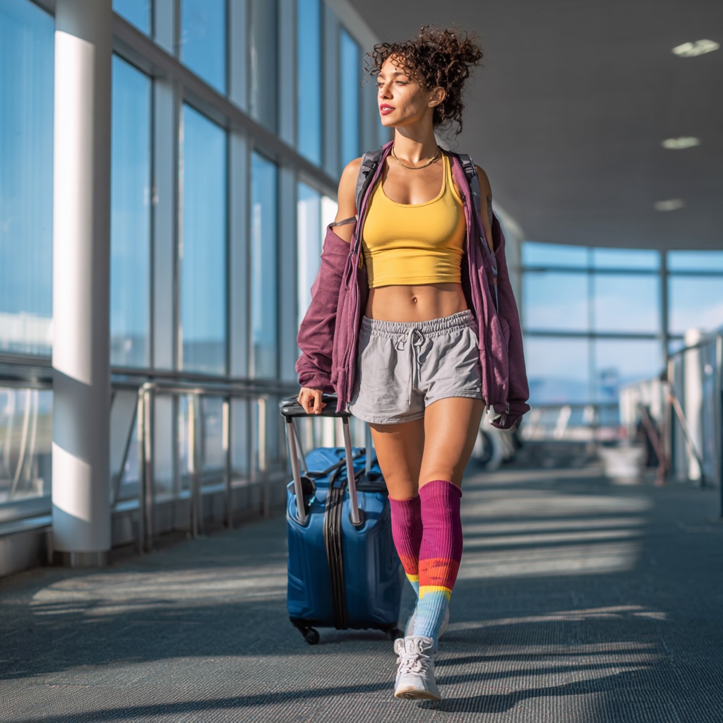 A high-quality photo of a traveler in an airport terminal, wearing stylish athletic wear and visible compression socks, pulling a suitcase. The setting is bright and modern.