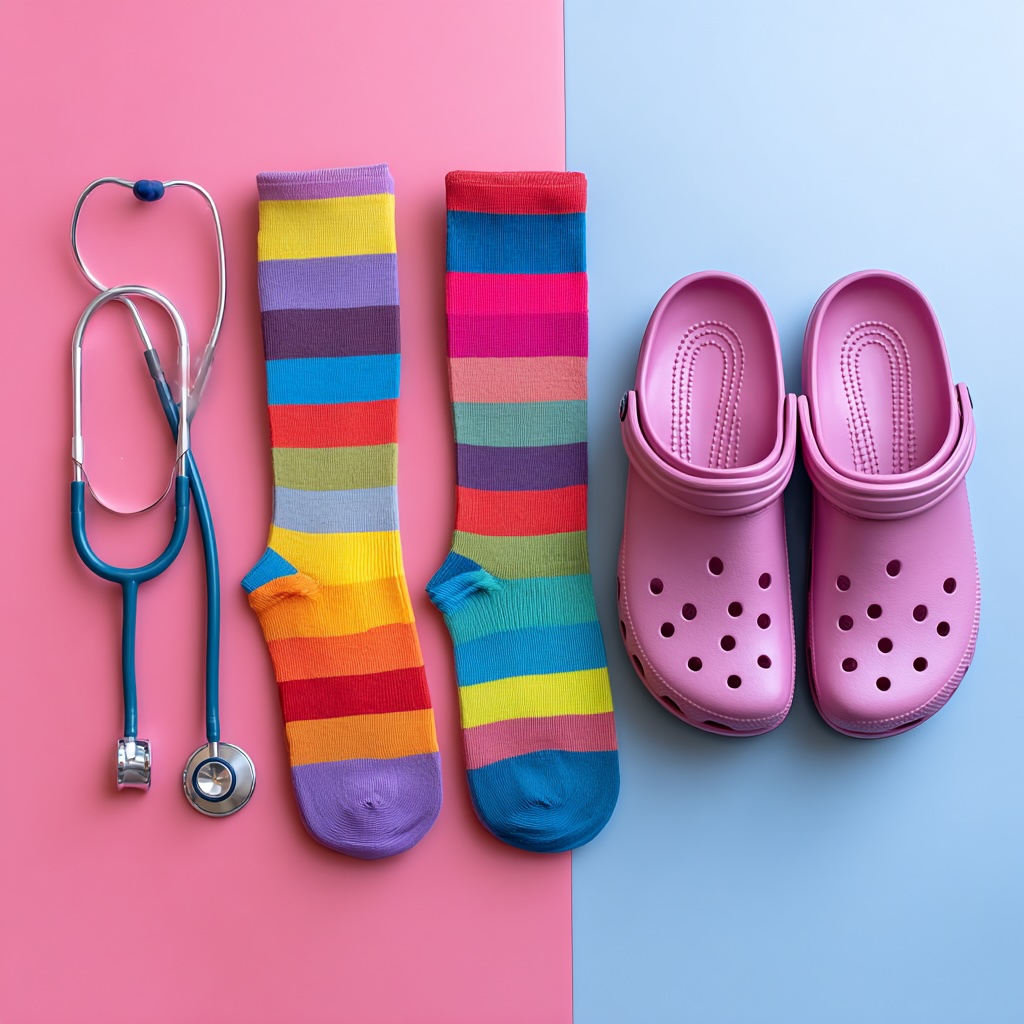 A flat-lay photograph of colorful, modern compression socks next to a stethoscope and a pair of professional nursing clogs. Clean, bright, and organized.