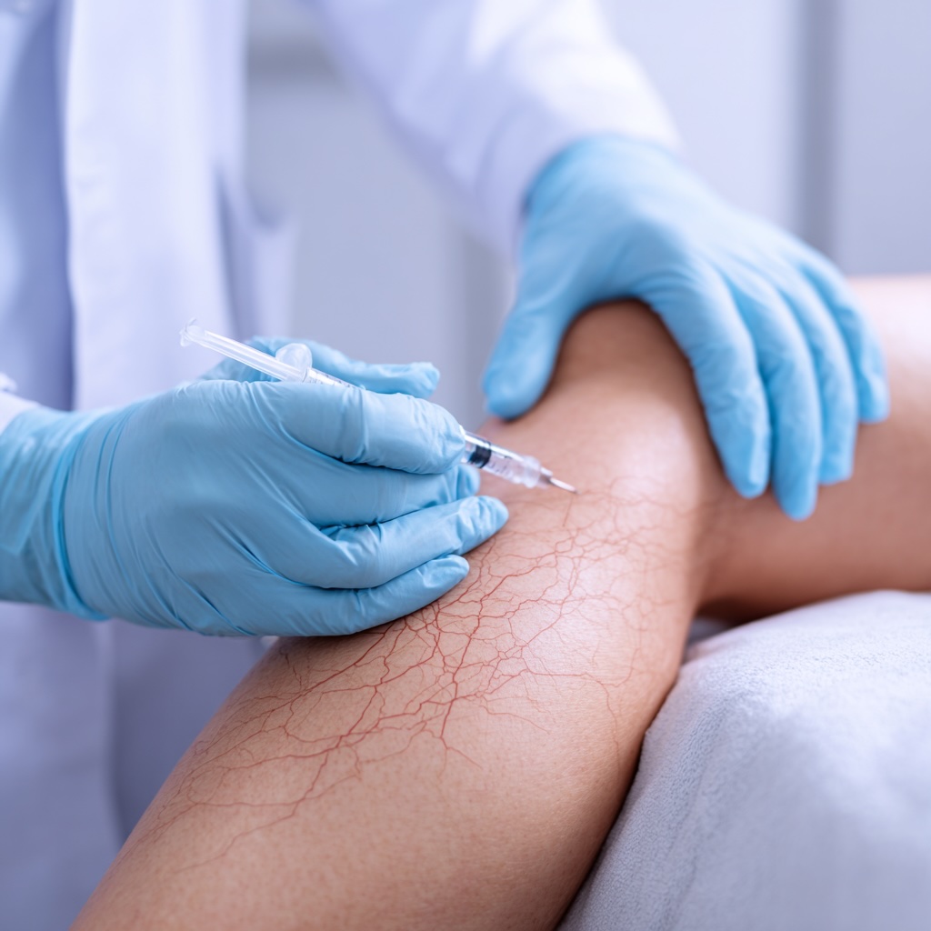 A high-quality professional photograph inside a modern, bright vascular clinic. A close-up view of a vein specialist doctor's hands, wearing light blue medical gloves, administering a sclerotherapy injection to a fine network of spider veins on a patient’s thigh. The patient’s leg is relaxed on a padded exam table. Subtle, soft lighting highlights the precise application