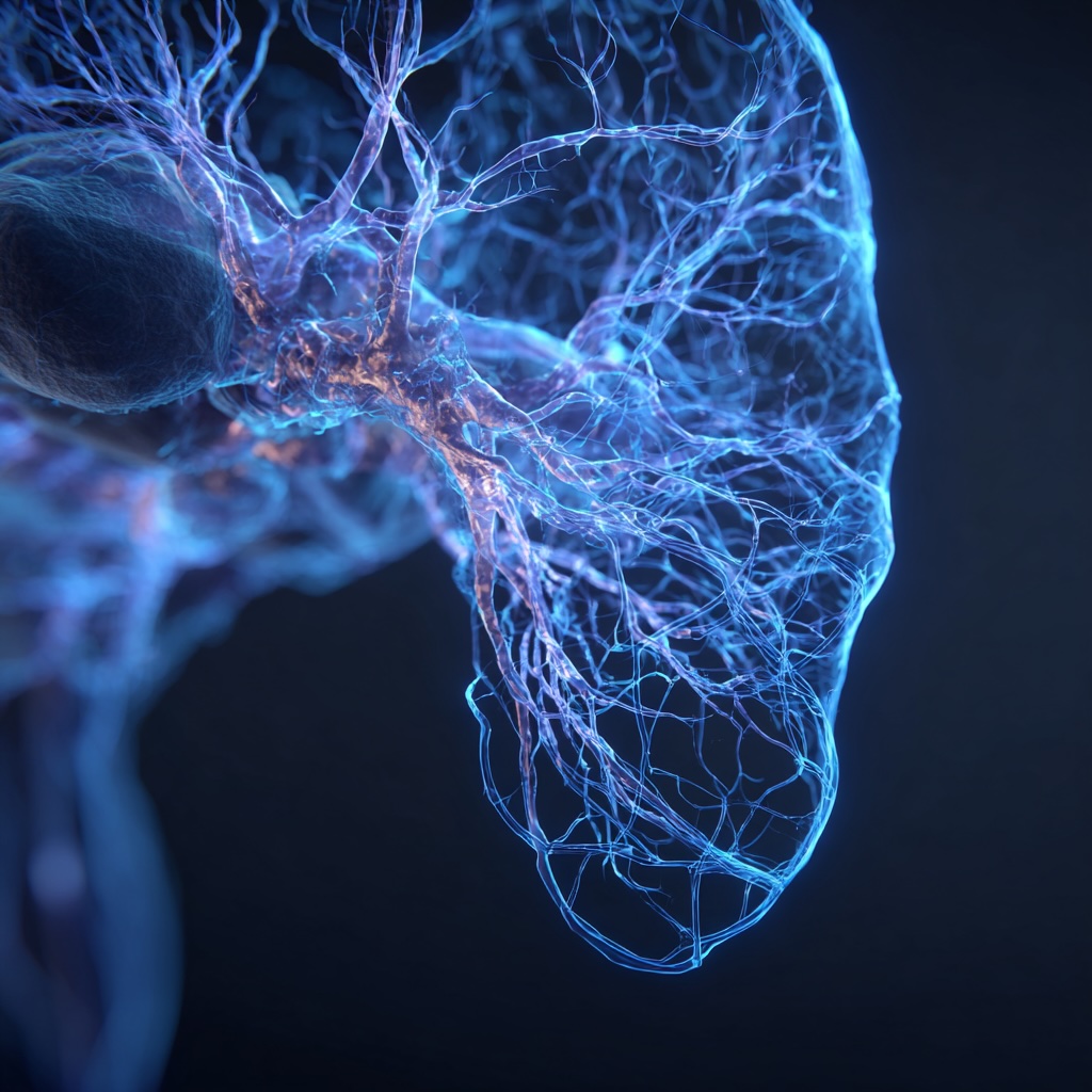 A sophisticated, artistic medical visualization of the female pelvic region. The intricate network of veins is softly highlighted in a gentle, warm blue glow, indicating venous insufficiency.