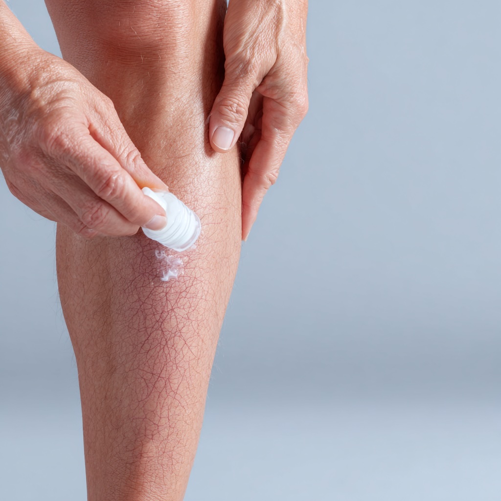 A high-resolution, realistic close-up of a person's lower leg. The skin directly over a bulging varicose vein shows slight redness and texture changes (venous eczema). A hand is softly seen applying a cooling medical gel to the area. Clear, clinical, and helpful