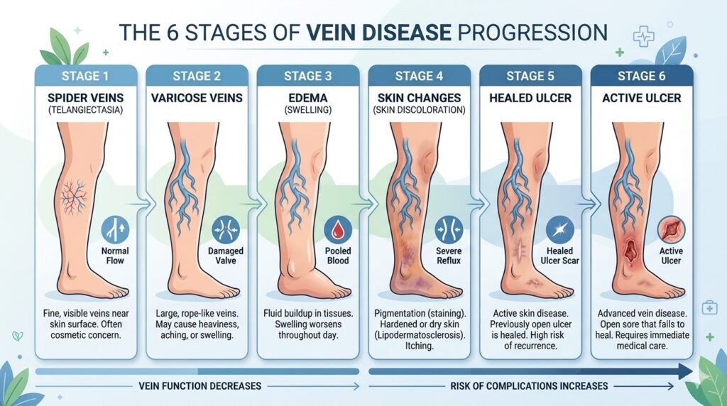 A professional medical infographic showing the progression of vein disease from Stage 1 (Spider Veins) to Stage 6 (Active Ulcers). Clean, educational, and easy to read.