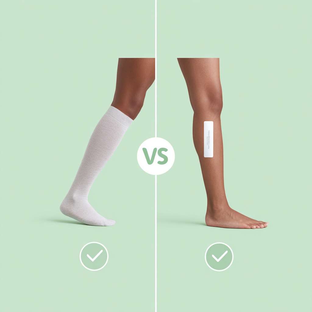 A side-by-side comparison graphic. Left: A person wearing a compression stocking (RFA). Right: A person wearing a simple adhesive bandage (VenaSeal). Clear and informative.