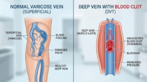 a professional and clear side-by-side comparison between surface-level varicose veins and a deep vein thrombus with a red blood clot.