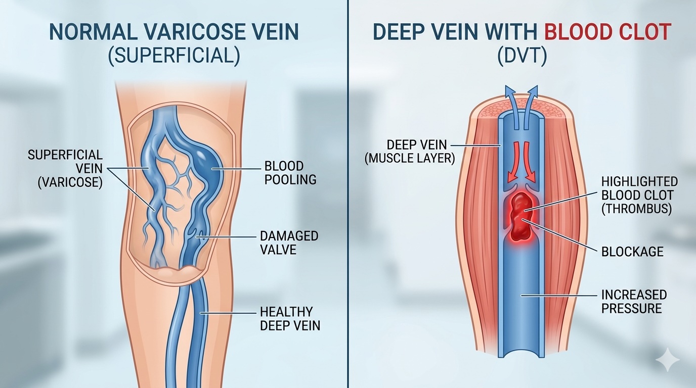 a professional and clear side-by-side comparison between surface-level varicose veins and a deep vein thrombus with a red blood clot.