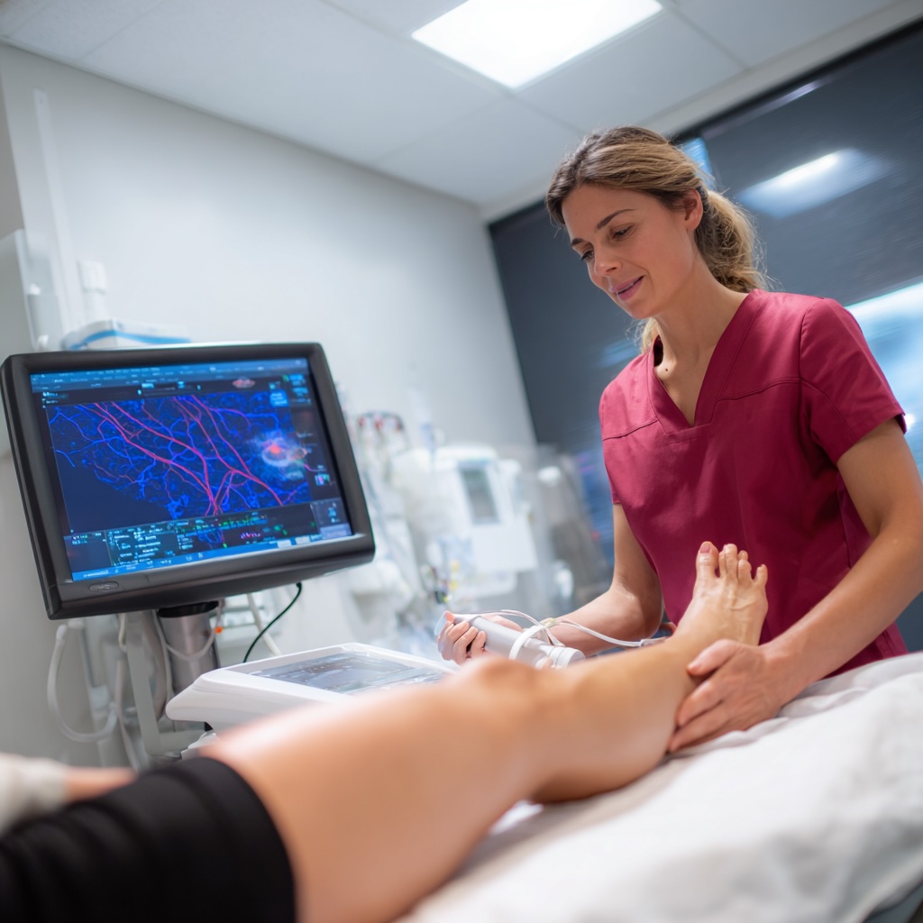 A bright, modern clinical room where a professional sonographer is gently using an ultrasound wand on a patient’s leg. The patient looks relaxed. A monitor in the background shows a blue and red "vein map."