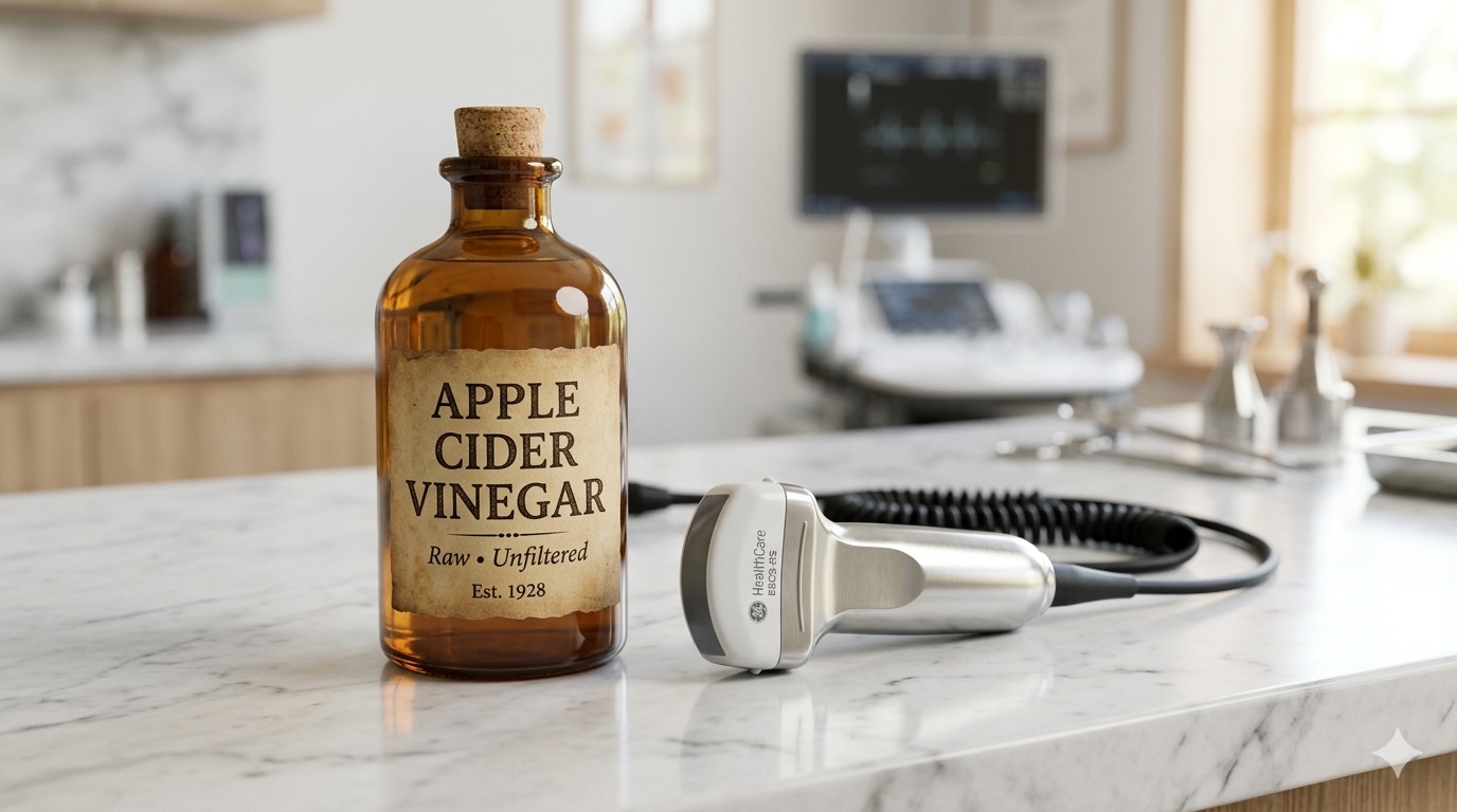 A realistic, professional close-up photograph of a vintage-style glass bottle labelled "Apple Cider Vinegar" sitting on a modern clinical marble countertop next to a clean, stainless steel ultrasound transducer.