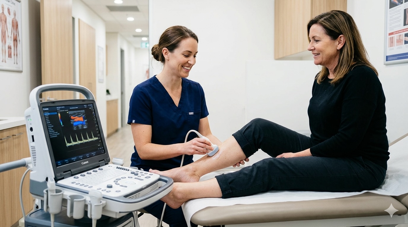 A high-quality professional photograph inside a modern, bright vascular clinic. A smiling vein specialist doctor is performing a duplex ultrasound examination on a seated patient’s leg, which is resting on an exam table. The patient (wearing everyday pants rolled up) looks relieved. Bright, clean medical-grade aesthetic. Subtle highlights on the medical equipment and screen